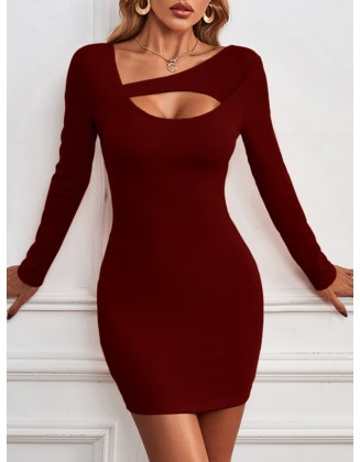 Asymmetric Hollow Solid Color Bodycon Long Sleeves Asymmetric Collar Mini Dresses