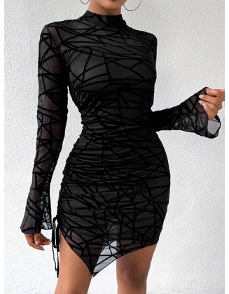 Asymmetric Drawstring Mesh Bodycon Flared Sleeves Mock Neck Mini Dresses