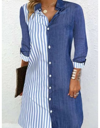 Asymmetric Split-Joint Striped Long Sleeves Loose Lapel Shirt Dress Mini Dresses