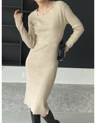 Simple Skinny Long Sleeves Solid Color Square-Neck Sweater Dresses