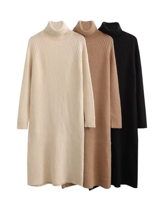 Simple Long Sleeves Loose Solid Color High-Neck Sweater Dresses