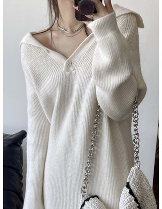 Simple Long Sleeves Loose Buttoned Solid Color High-Neck Sweater Dresses