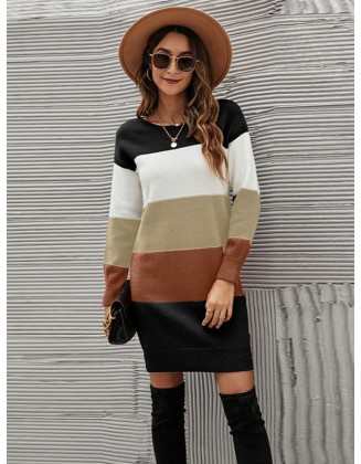 Casual Long Sleeves Contrast Color Round-Neck Sweater Dresses