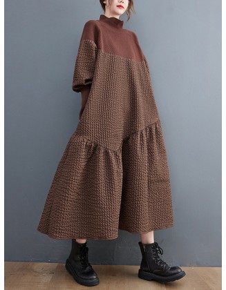 Casual Long Sleeves Loose Split-Joint Jacquard High-Neck Sweater Dresses