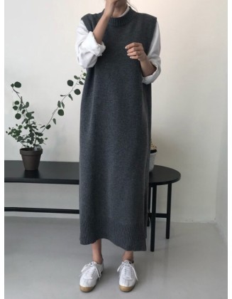 Urban Loose Sleeveless Solid Color Round-Neck Midi Dresses Sweater Dresses