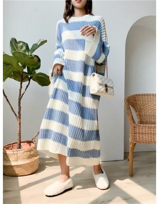 Stylish Loose Striped Round-Neck Sweater Dresses