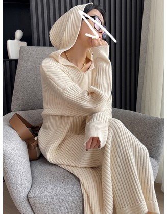 Stylish Long Sleeves Loose Solid Color Hooded Sweater Dresses