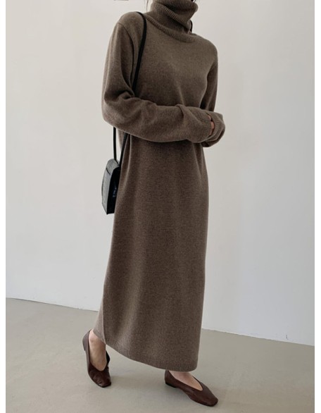 Casual Long Sleeves Loose Solid Color High-Neck Sweater Dresses