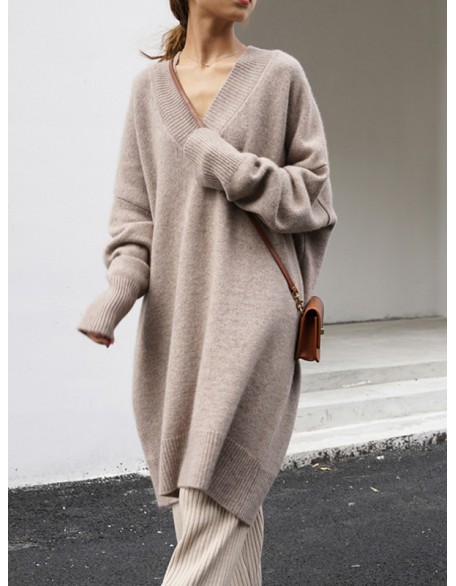 Stylish Long Sleeves Loose Solid Color V-Neck Sweater Dresses