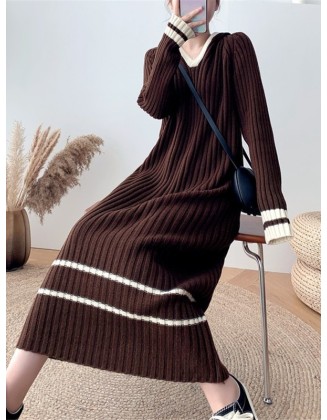 Urban Long Sleeves Loose Striped V-Neck Hooded Sweater Dresses