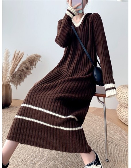 Urban Long Sleeves Loose Striped V-Neck Hooded Sweater Dresses