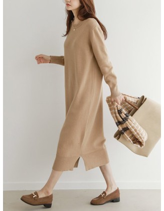 Urban Long Sleeves Loose Split-Side Solid Color Round-Neck Sweater Dresses