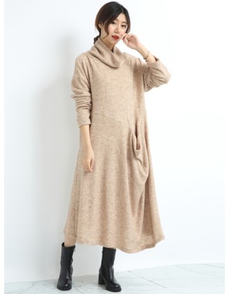 Casual Long Sleeves Loose Keep Warm Solid Color Heaps Collar Sweater Dresses