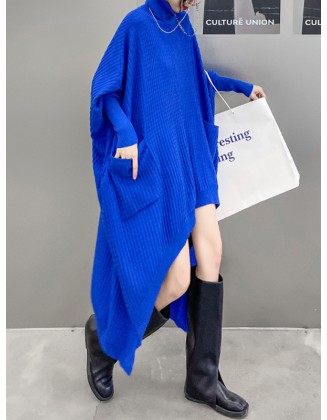 Batwing Sleeves High-Low Pockets Solid Color High-Neck Midi Dresses Sweater Dresses