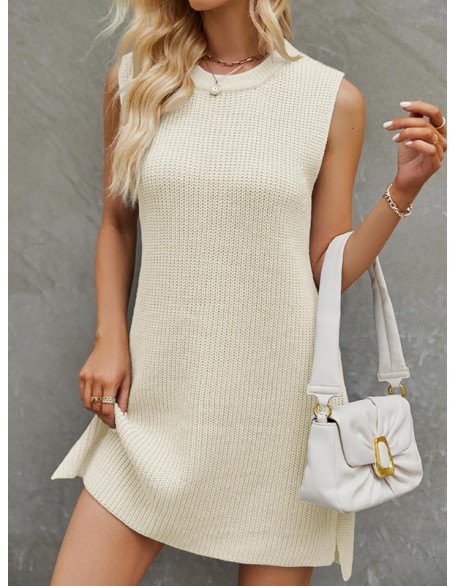 Solid Color Split-Joint Tied Waist Loose Sleeveless Round-Neck Sweater Dresses Mini Dresses