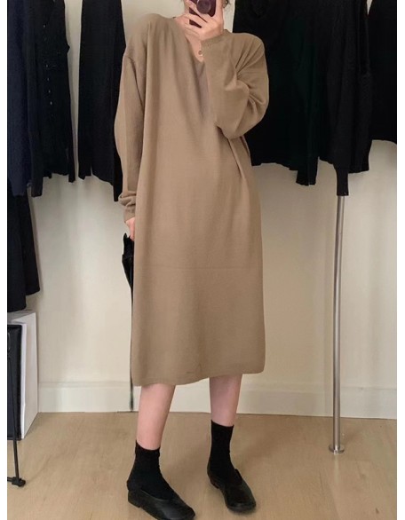 Solid Color Long Sleeves Loose V-Neck Sweater Dresses Midi Dresses