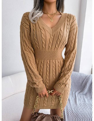 Solid Color High Waisted Long Sleeves V-Neck Sweater Dresses Mini Dresses