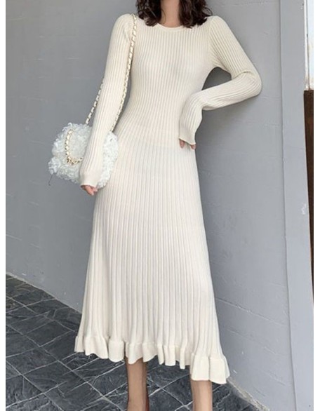 Ruffled Solid Color Long Sleeves Loose Round-Neck Sweater Dresses Midi Dresses