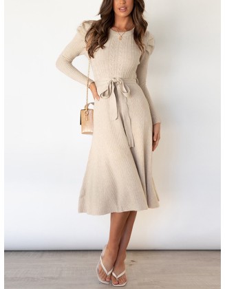 Solid Color Tied Waist High Waisted Long Sleeves Round-Neck Sweater Dresses Midi Dresses