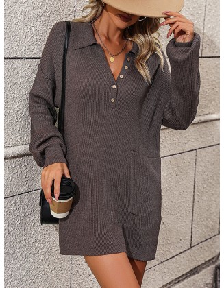 Split-Joint Loose Puff Sleeves Lapel Sweater Dresses Mini Dresses