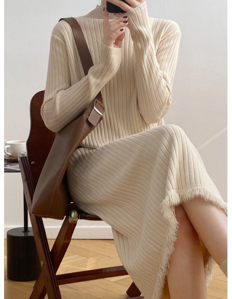 Fringed Solid Color Long Sleeves Loose Mock Neck Sweater Dresses Midi Dresses