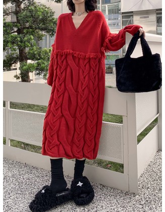 Solid Color Split-Joint Tasseled Long Sleeves Loose V-Neck Sweater Dresses Midi Dresses