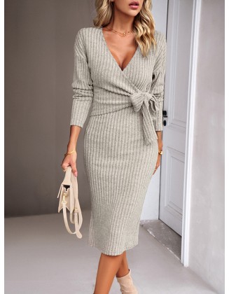 Asymmetric Solid Color Tied Waist High Waisted Long Sleeves Deep V-Neck Sweater Dresses Midi Dresses