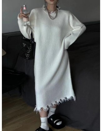 Fringed Solid Color High Waisted Long Sleeves Round-Neck Sweater Dresses Midi Dresses