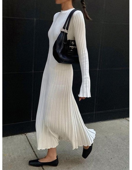 Flared Sleeves Skinny Pleated Solid Color Maxi Sweater Dresses