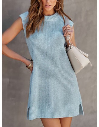 Solid Color Split-Side Tied Waist A-Line Loose Round-Neck Sweater Dresses Mini Dresses