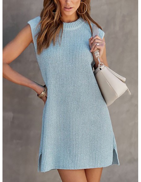 Solid Color Split-Side Tied Waist A-Line Loose Round-Neck Sweater Dresses Mini Dresses