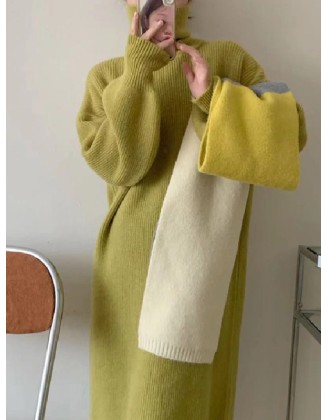 Solid Color Long Sleeves Loose High Neck Sweater Dresses Midi Dresses