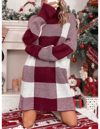 Contrast Color Plaid Long Sleeves Loose High Neck Sweater Dresses Mini Dresses