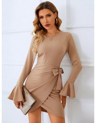 Wrap Flared Sleeves Lace-Up Solid Dress