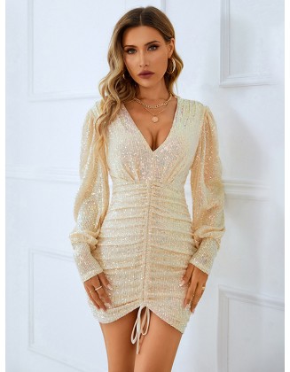 Casual Puff Sleeves Wrap Embroidered Solid Dress