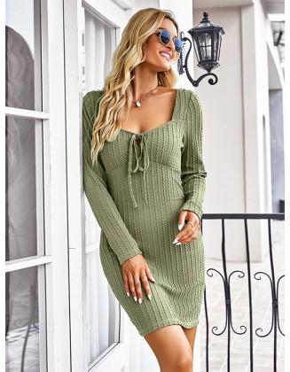 Vacation Long Sleeves Wrap Solid Color U-Neck Dress