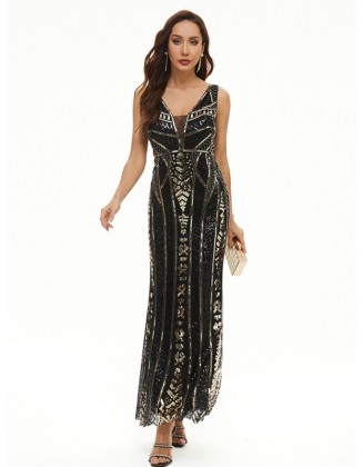 Evening Sleeveless Wrap Mesh Backless Embroidered V-Neck Maxi Dress