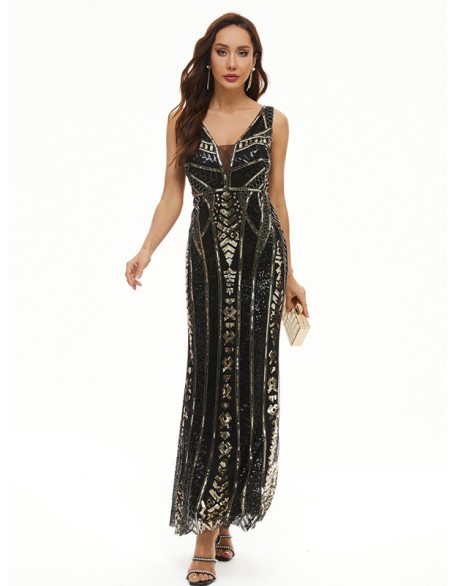 Evening Sleeveless Wrap Mesh Backless Embroidered V-Neck Maxi Dress