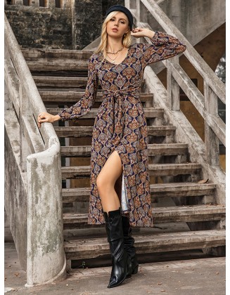 Vacation Long Sleeves Wrap Lace-Up V-Neck Midi Dress