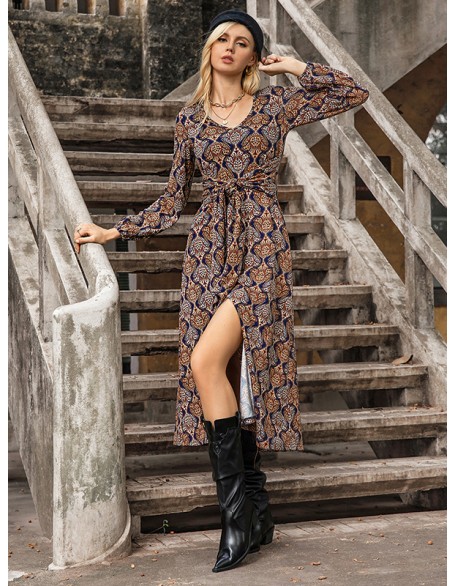 Vacation Long Sleeves Wrap Lace-Up V-Neck Midi Dress