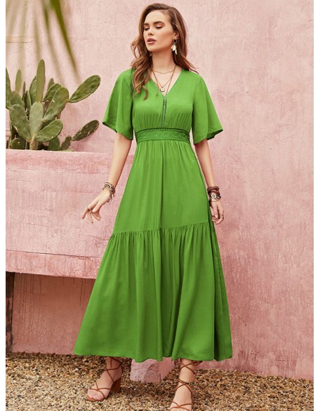 Vacation Half Sleeves Wrap Solid Color V-Neck Maxi Dress