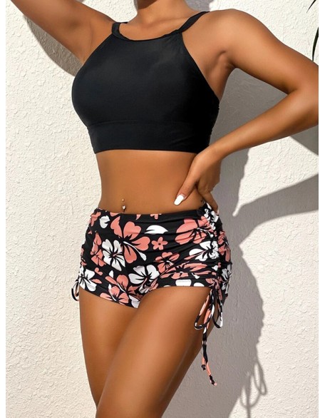 Wrap Floral Printed Halter-Neck Bikini Swimsuit