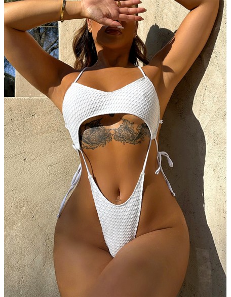 Back Cross Bandage Belly-Hollow Solid Color Wrap One-Piece Swimwear