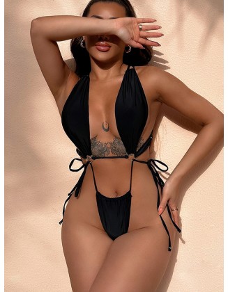 Back Cross Bandage Belly-Hollow Solid Color Wrap One-Piece Swimwear