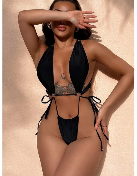 Back Cross Bandage Belly-Hollow Solid Color Wrap One-Piece Swimwear