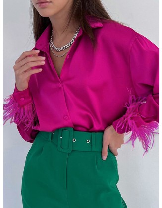 Loose Wrap Feathers Solid Color Split-Joint Lapel Collar Blouses&Shirts Tops