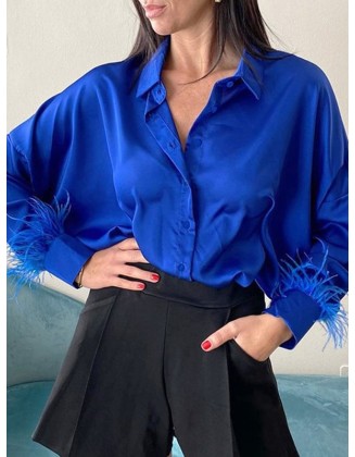 Loose Wrap Feathers Solid Color Split-Joint Lapel Collar Blouses&Shirts Tops