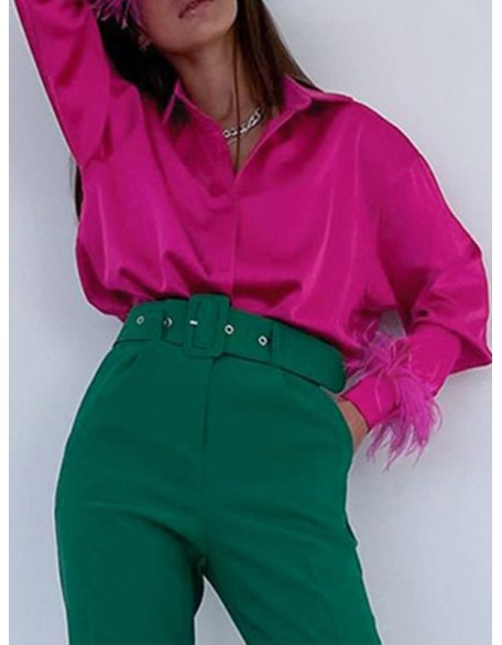 Loose Wrap Feathers Solid Color Split-Joint Lapel Collar Blouses&Shirts Tops