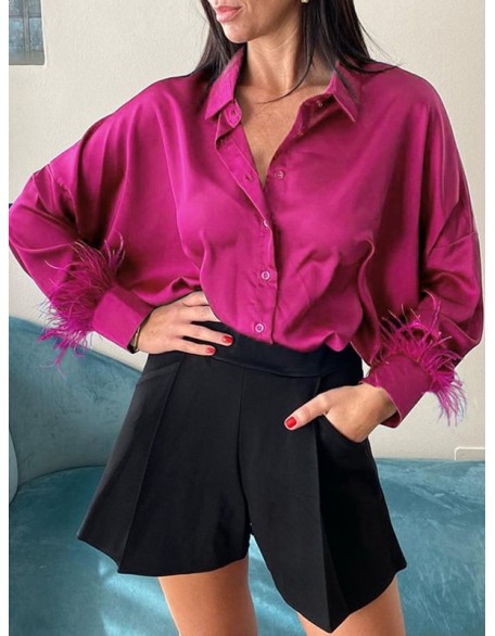 Loose Wrap Feathers Solid Color Split-Joint Lapel Collar Blouses&Shirts Tops