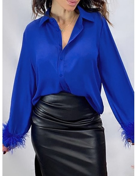 Loose Wrap Feathers Solid Color Split-Joint Lapel Collar Blouses&Shirts Tops